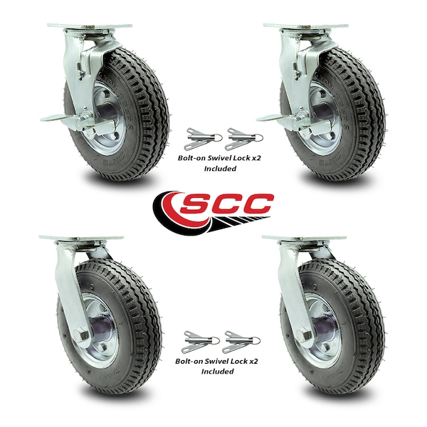 Service Caster 8 Inch Gray Pneumatic Wheel Caster Swivel with Swivel Locks 2 with Brakes, 4PK SCC-100S280-PNB-GRY-TLB-BSL-2-BSL-2 - main